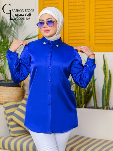 [Satin blouse-L -blue] بلوزه ستان  FASHION STORE (ازرق, L)